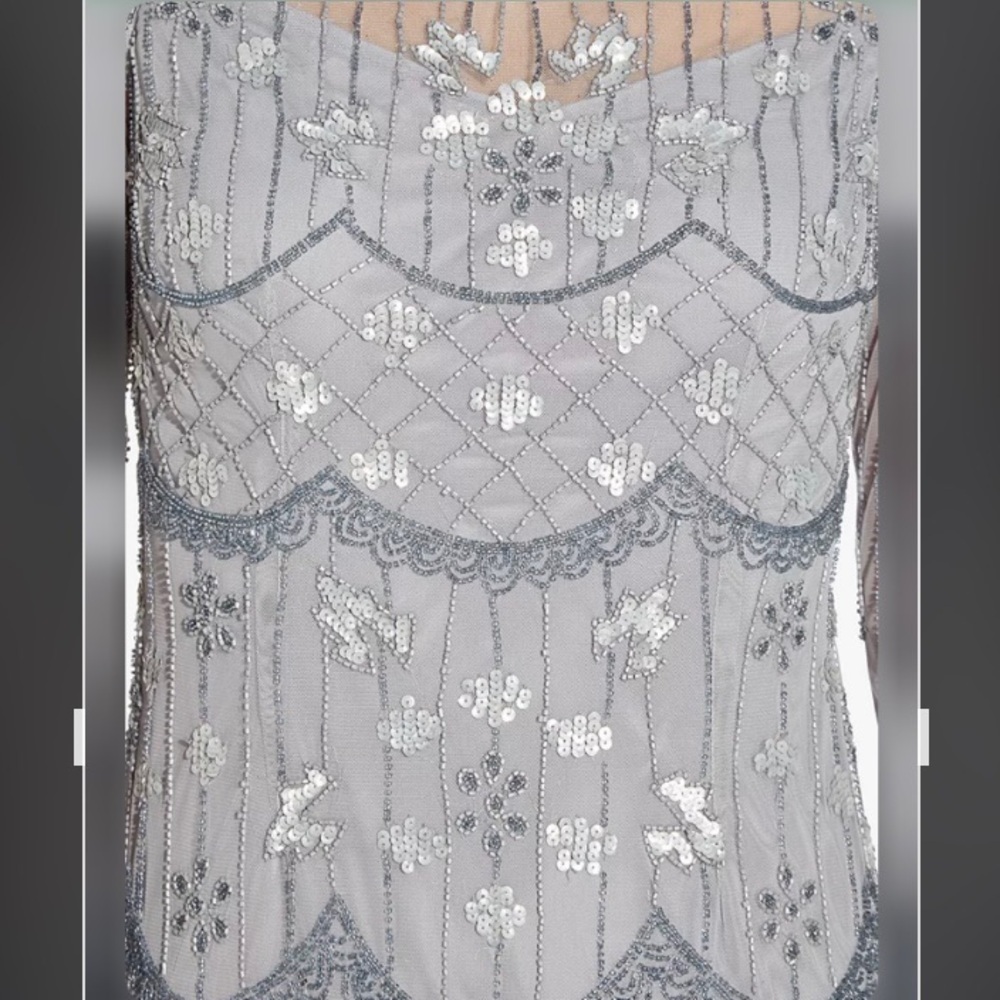 Adrianna Papell Bell Sleeve Illusion Beaded Mesh Covered Gown in Silver Mist 16 - Picture 7 of 7
